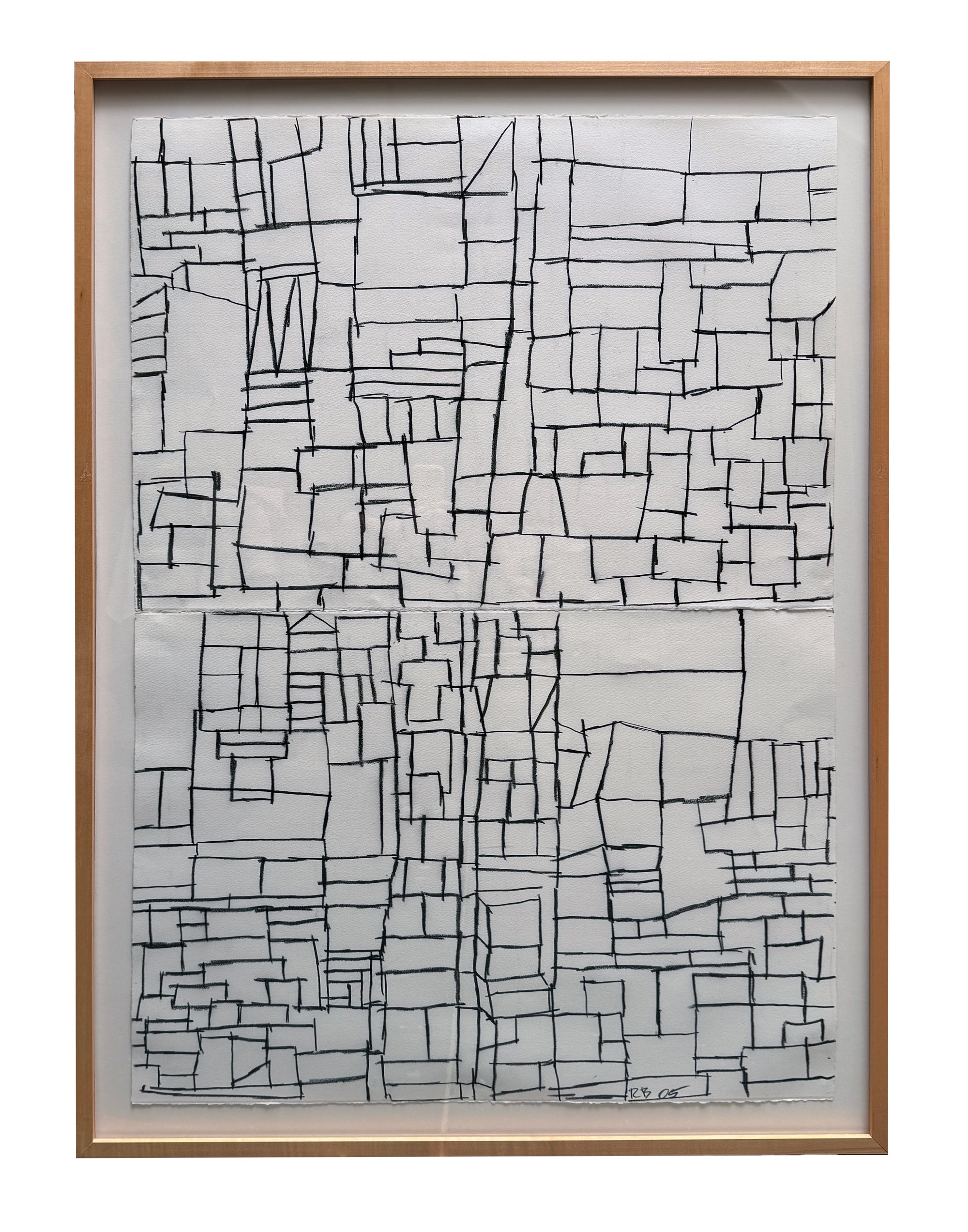 Kyoto 1 and 2 by ROBERT BRADY is a framed charcoal on paper artwork featuring a white background with irregular black lines forming a complex grid of rectangles and squares in different sizes.