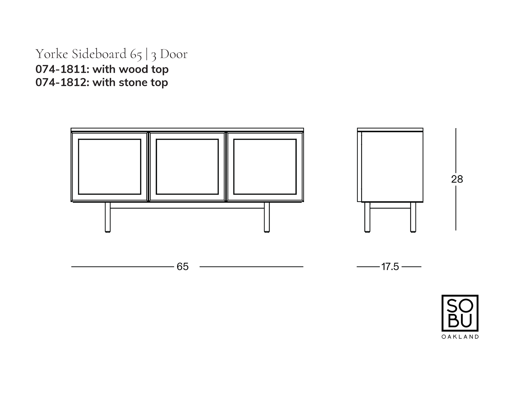 Line drawing of a 3-door Yorke Sideboard by Wooden Stories with dimensions: 65″ wide, 17.5″ deep, and 28″ high. This Scandinavian-inspired sideboard features your choice of wood or stone top, reflecting classic Danish design influences. SOBO Oakland logo in the bottom right corner.