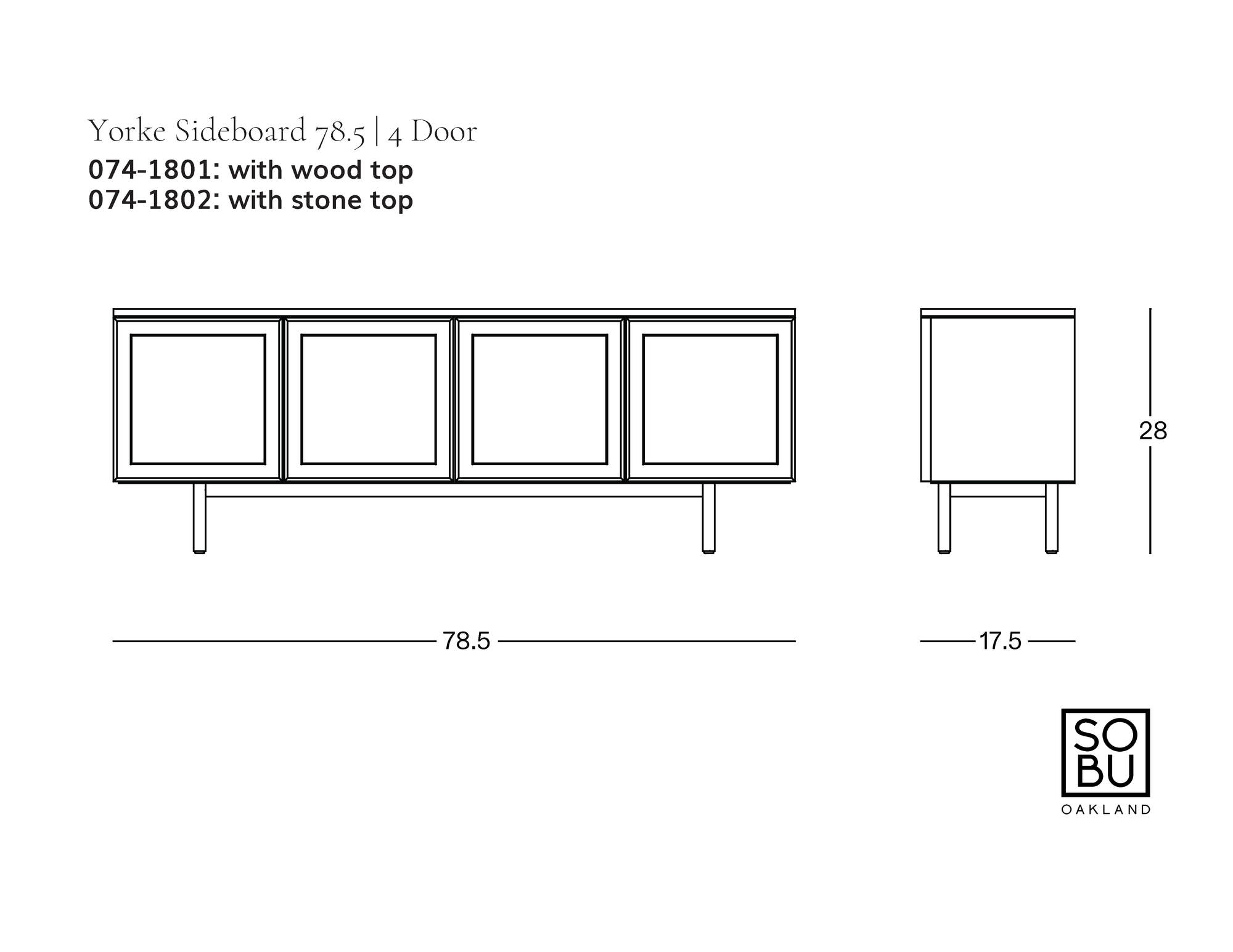 Line drawing of a four-door Yorke Sideboard by Wooden Stories, showing front and side views with labeled dimensions (78.5″ wide, 17.5″ deep, 28″ high), and notes for wood or stone top options. The Wooden Stories logo is in the bottom right corner.