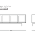 Line drawing of a four-door Yorke Sideboard by Wooden Stories, showing front and side views with labeled dimensions (78.5″ wide, 17.5″ deep, 28″ high), and notes for wood or stone top options. The Wooden Stories logo is in the bottom right corner.