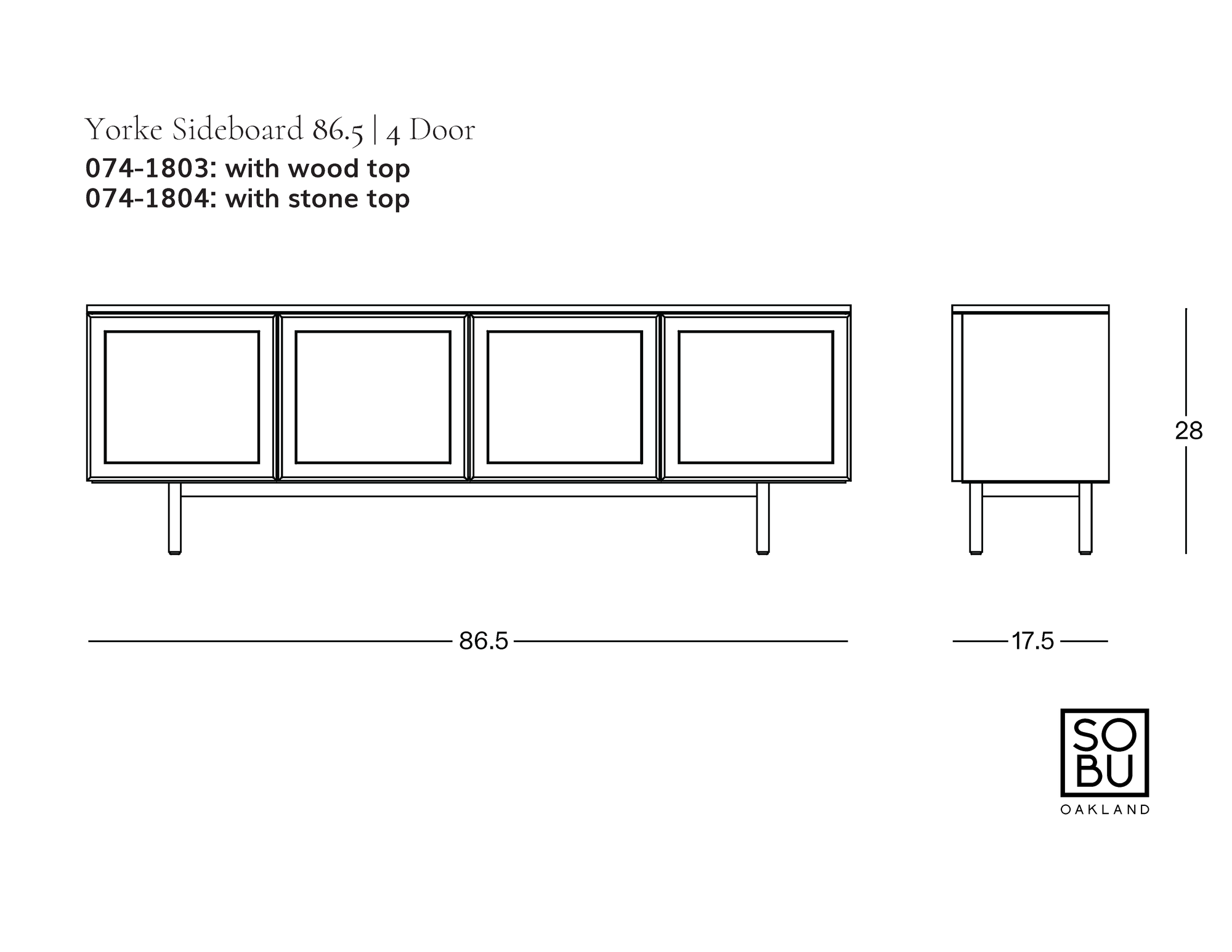 Line drawing of the Wooden Stories Yorke Sideboard featuring four doors and measuring 86.5 inches wide, 28 inches tall, and 17.5 inches deep; available with wood or stone tops for added versatility. Inspired by Danish design furniture, this solid oak sideboard illustration includes the SOBU Oakland logo in the lower right corner.