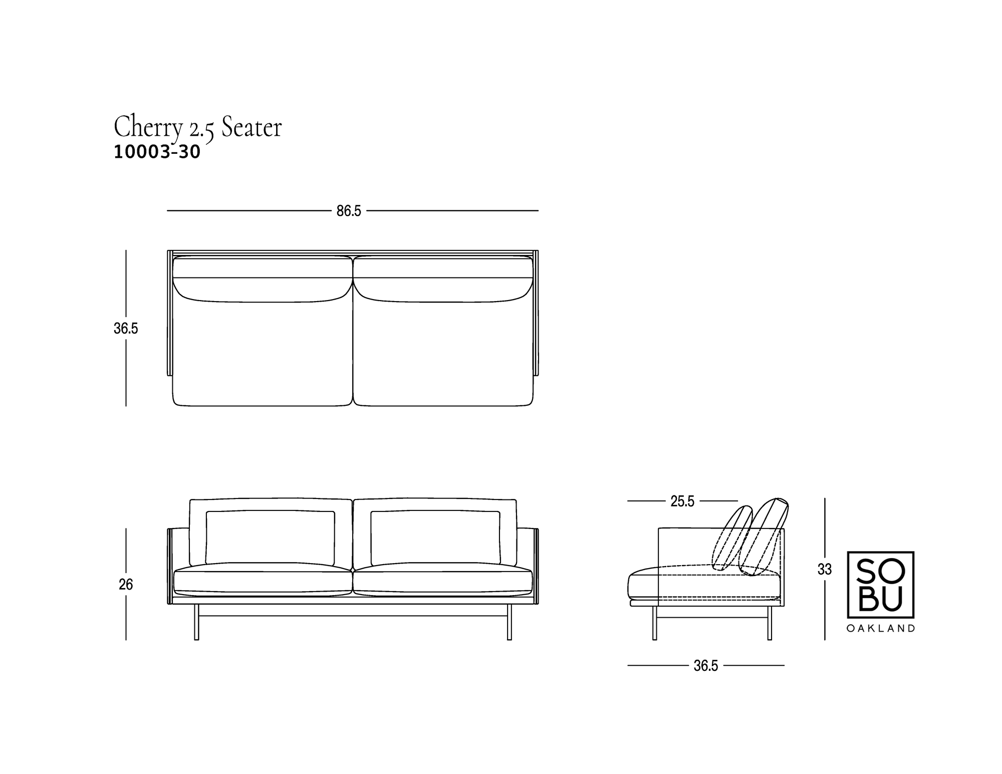 Line drawing of a comfortable Cherry Sofa | Leather 2.5 Seater by Wooden Stories, with front, side, and top dimensions labeled: overall width is 86.5″, height is 36.5″, seat height is 26″, and depth is 36.5″—perfect for any modern living space. SOBU Oakland logo in the bottom right corner.