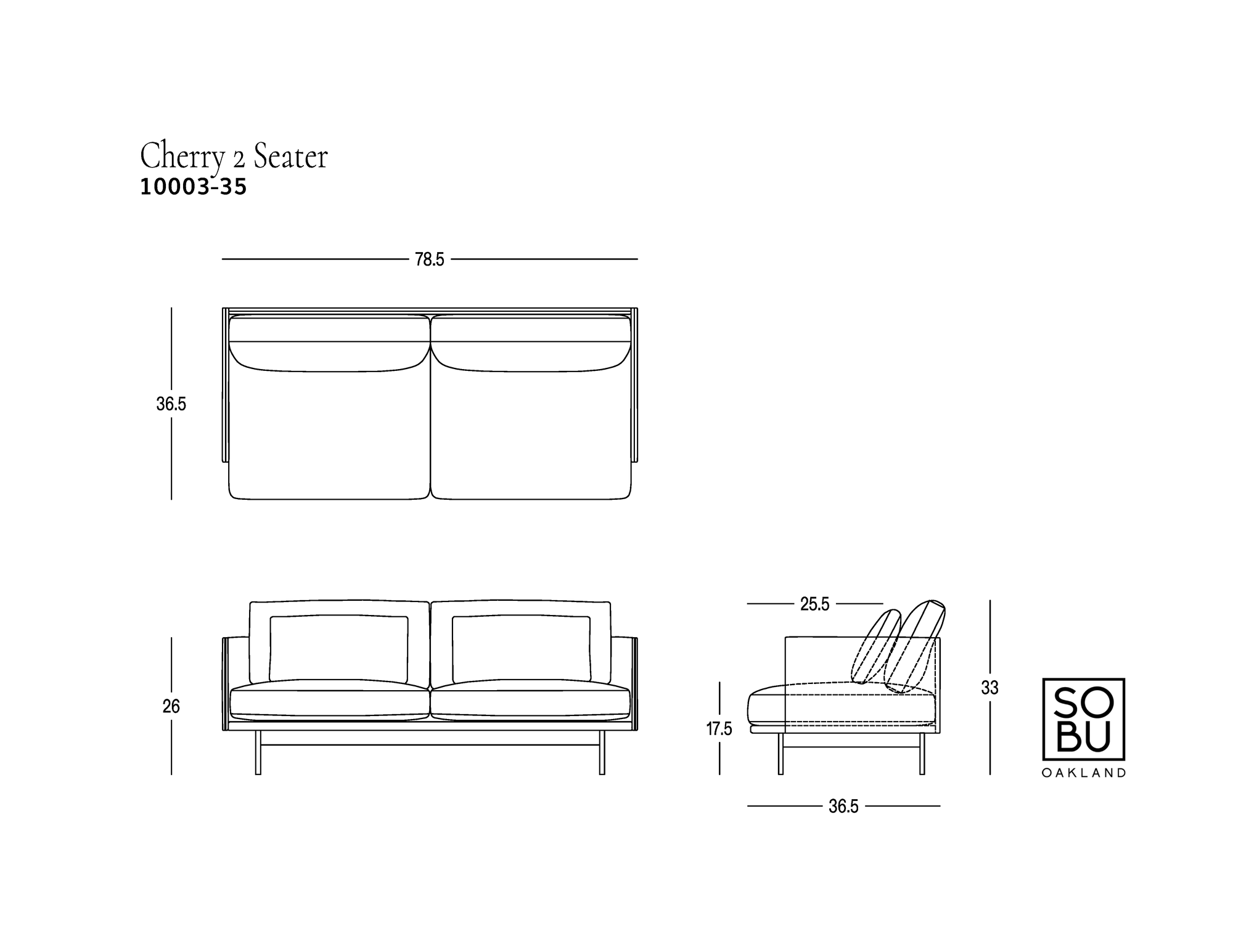 Technical drawing of the Cherry Sofa | Leather 2 Seater by Wooden Stories with front, side, and top views, featuring dimensions in inches. Designed for exceptional comfort, this sofa includes cushions and armrests. The Wooden Stories logo appears in the bottom right corner—ideal for contemporary living spaces.
