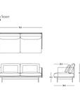 Technical drawing of the Cherry Sofa | Leather 2 Seater by Wooden Stories with front, side, and top views, featuring dimensions in inches. Designed for exceptional comfort, this sofa includes cushions and armrests. The Wooden Stories logo appears in the bottom right corner—ideal for contemporary living spaces.