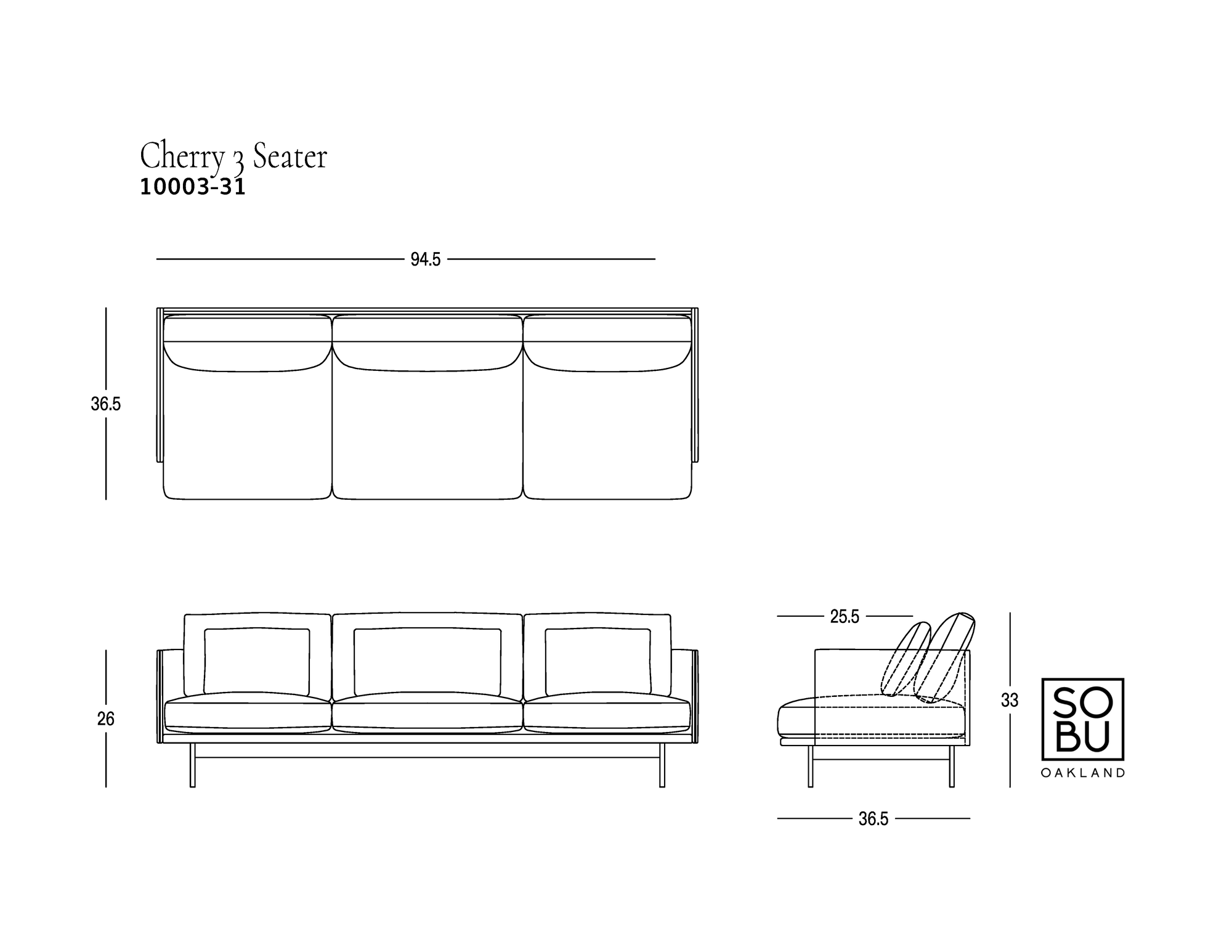 Black and white technical drawing of the Cherry Sofa | Leather, ideal for a modern living space, with dimensions provided. The sofa is viewed from above, front, and side. The brand Wooden Stories is shown, highlighting its exceptional comfort.