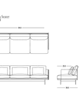Black and white technical drawing of the Cherry Sofa | Leather, ideal for a modern living space, with dimensions provided. The sofa is viewed from above, front, and side. The brand Wooden Stories is shown, highlighting its exceptional comfort.