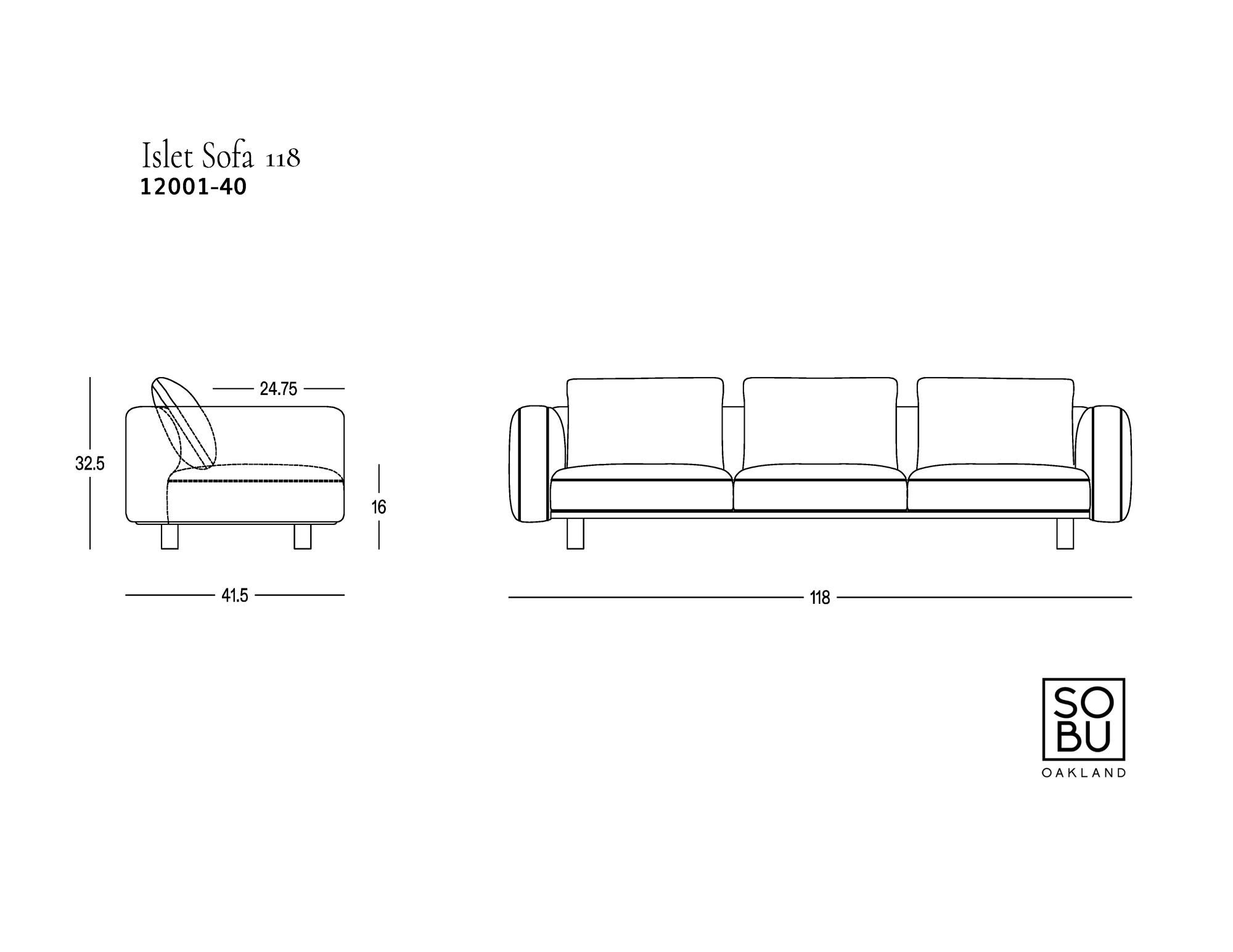 Line drawing of the Islet Sofa | Leather by Wooden Stories, with dimensions: front view shows a three-cushion design, side view displays seat and backrest. The modular sofa measures 118″ wide, 41.5″ deep, and 32.5″ high. Includes SO BU Oakland logo.