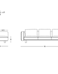 Line drawing of the Islet Sofa | Leather by Wooden Stories, with dimensions: front view shows a three-cushion design, side view displays seat and backrest. The modular sofa measures 118″ wide, 41.5″ deep, and 32.5″ high. Includes SO BU Oakland logo.