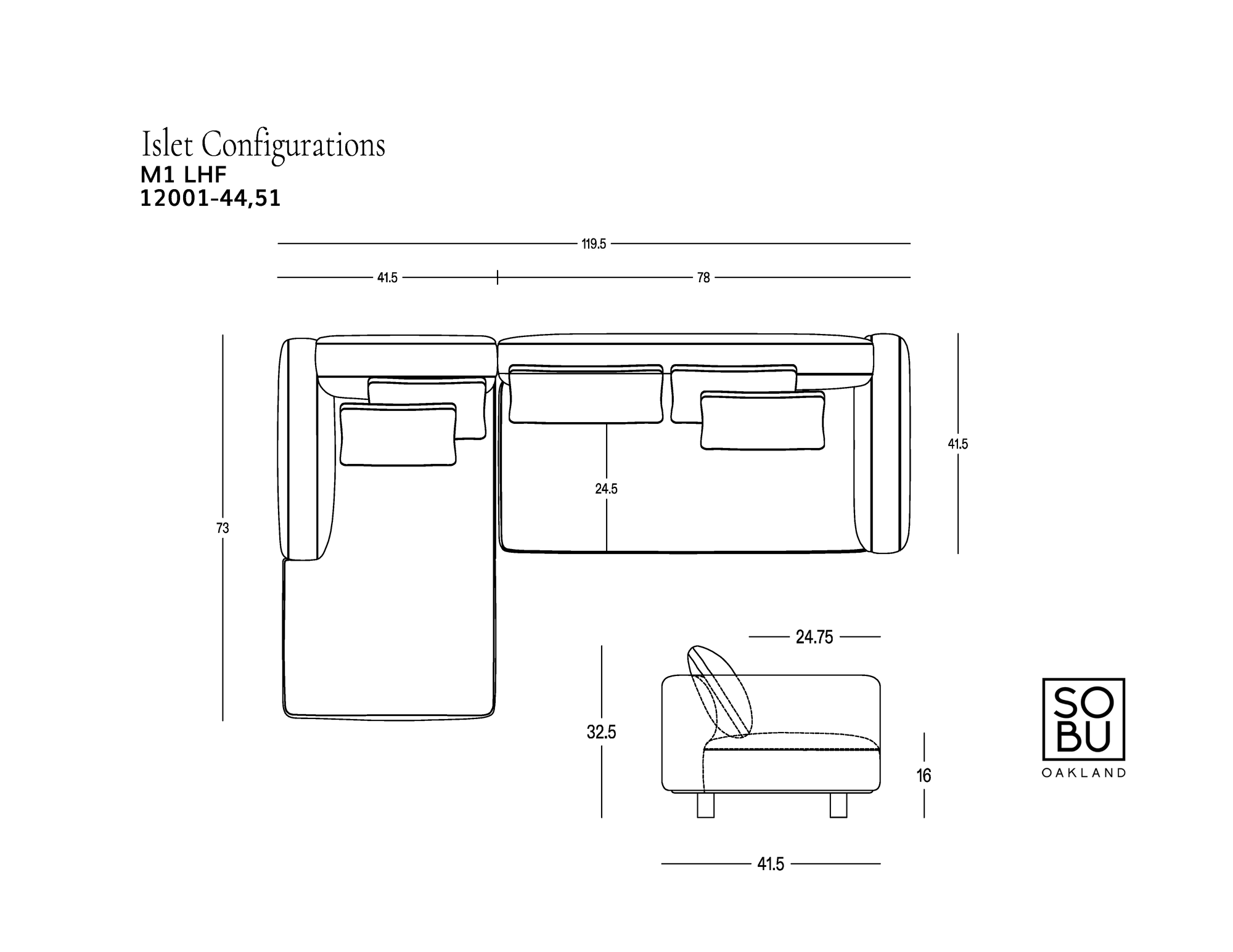Line drawing of the Islet Modular Sofa | Leather • M1, showing its L-shaped configuration with labeled dimensions. Features side and top views, detailed notes highlighting the solid oak platform base and durable leather upholstery, and the Wooden Stories logo in the bottom right corner.