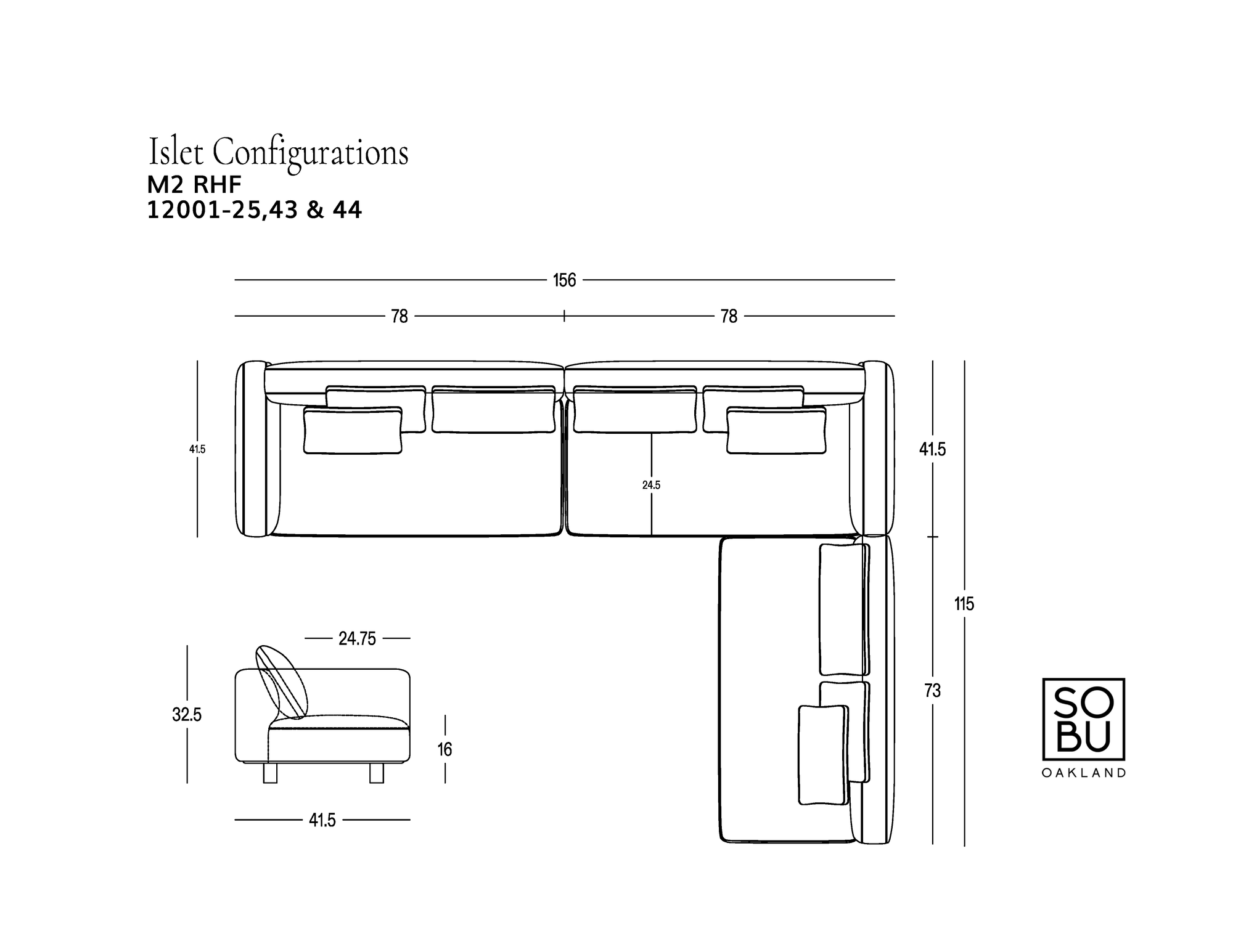 Line drawing of the Islet Modular Sofa | Fabric • M2 by Wooden Stories, shown as a sectional with labeled measurements, cushion placements, and the Wooden Stories logo in the lower right corner. Featuring a solid oak platform for enhanced stability and style, this design highlights its durable upholstery. Text at top left reads: Islet Configurations M2 RHF 12001-25,43 &amp; 44.