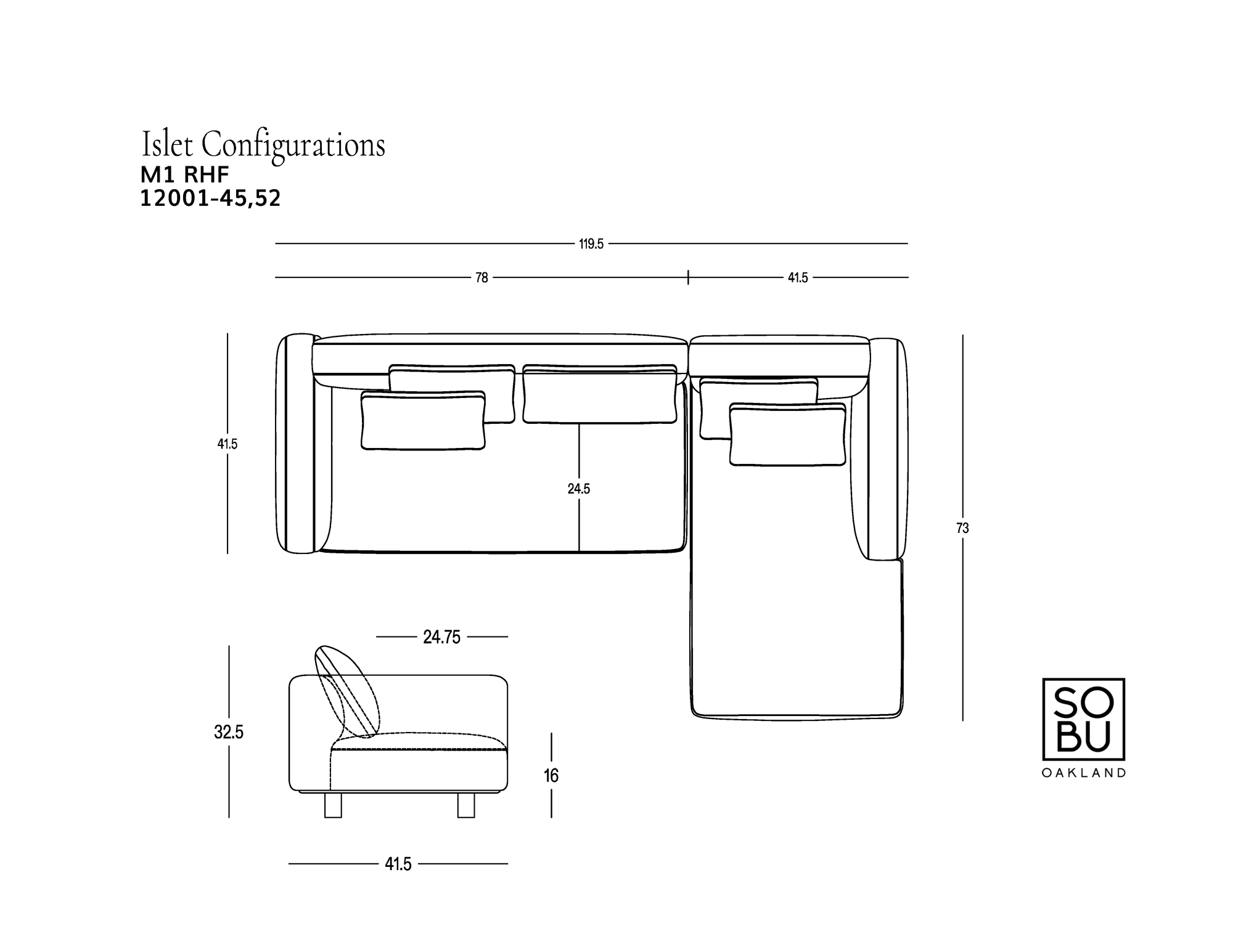 Diagram displaying measurements with top and side views of the Islet Modular Sofa | Leather • M1, featuring a modular design with an extended chaise, solid oak platform, and durable upholstery. Labeled as Islet Modular Sofa | Leather • M1 by Wooden Stories with dimensions provided; Wooden Stories logo appears in the bottom right corner.