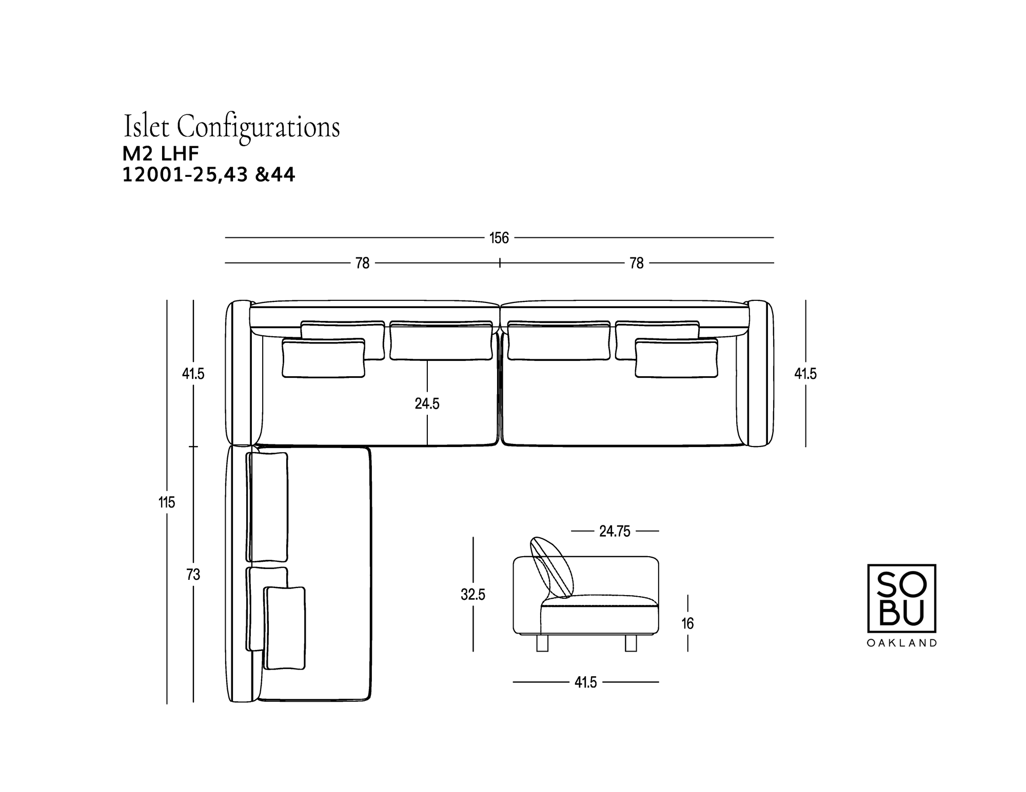 Line drawing diagram of an L-shaped sectional sofa with dimensions in inches, shown from the top and side views, featuring three seat cushions and labeled as Islet Modular Sofa | Fabric • M2 LHF Configurations by Wooden Stories. Includes the SOBO Oakland logo. Showcases a solid oak platform and durable upholstery for long-lasting comfort, emphasizing its modular sofa design.