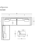 Line drawing diagram of an L-shaped sectional sofa with dimensions in inches, shown from the top and side views, featuring three seat cushions and labeled as Islet Modular Sofa | Fabric • M2 LHF Configurations by Wooden Stories. Includes the SOBO Oakland logo. Showcases a solid oak platform and durable upholstery for long-lasting comfort, emphasizing its modular sofa design.