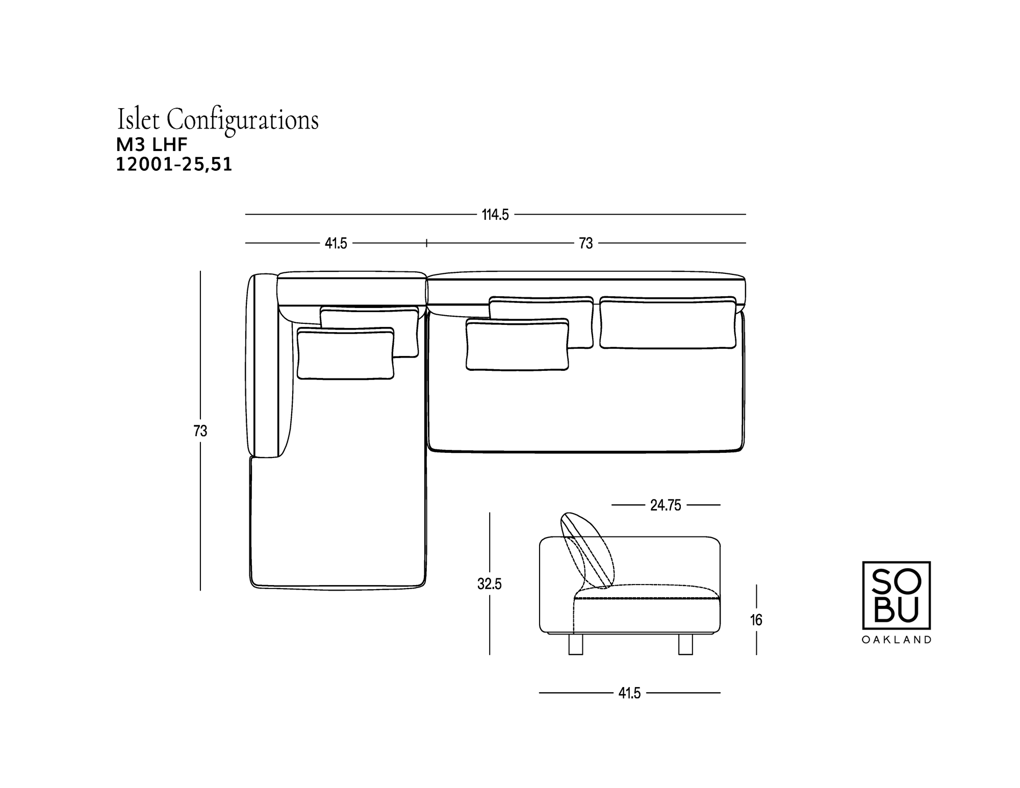 Black and white line drawing of an L-shaped Islet Modular Sofa | Leather • M3 by Wooden Stories with labeled measurements in inches, showing top and side views. Features a solid oak platform for added stability and includes the Wooden Stories logo in the bottom right corner.