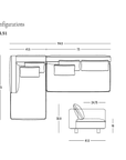 Black and white line drawing of an L-shaped Islet Modular Sofa | Leather • M3 by Wooden Stories with labeled measurements in inches, showing top and side views. Features a solid oak platform for added stability and includes the Wooden Stories logo in the bottom right corner.