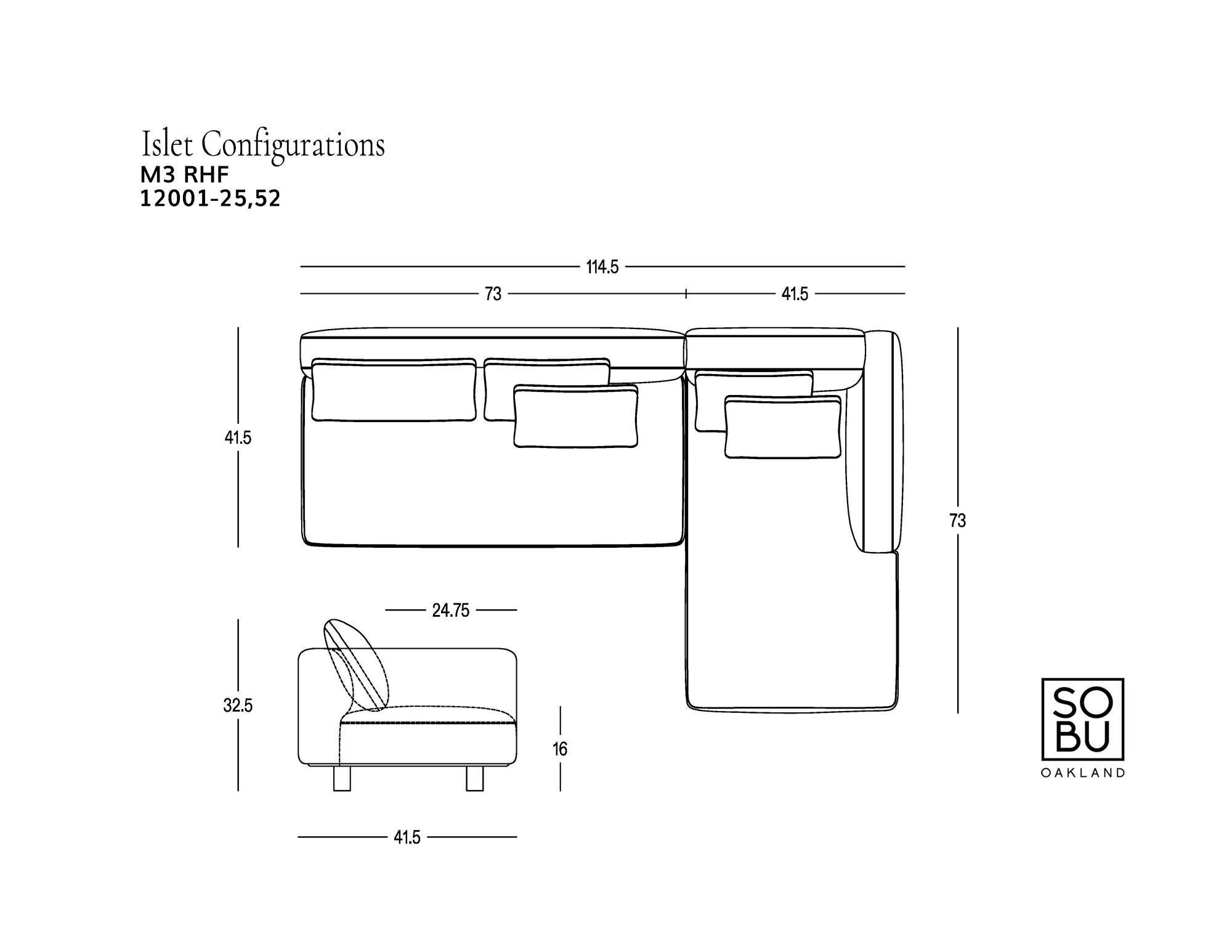 Line drawing of the Islet Modular Sofa | Leather • M3 sectional by Wooden Stories with measurements. The L-shaped modular sofa features three seat cushions, three back cushions, short legs, and a solid oak platform for enhanced stability. Durable leather upholstery is highlighted in the labeled dimensions and configuration details. The Wooden Stories logo appears in the bottom right corner.