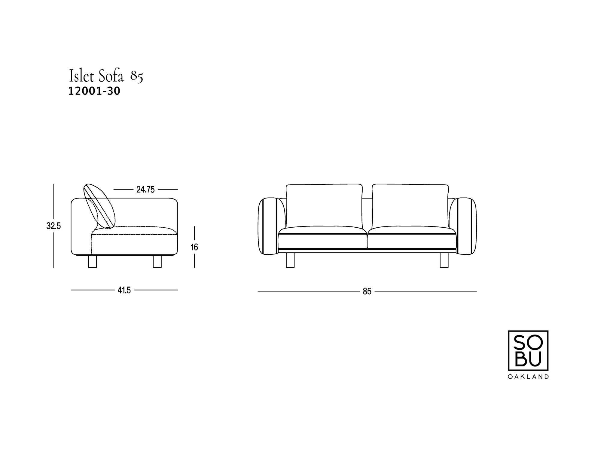 Line drawing of the Islet Sofa | Leather by Wooden Stories, with front and side views, labeled measurements in inches, and the Wooden Stories logo in the bottom right corner. The illustration highlights the solid oak platform that supports the modular sofa’s durable leather upholstery for lasting comfort and style.