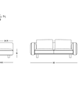 Line drawing of the Islet Sofa | Leather by Wooden Stories, with front and side views, labeled measurements in inches, and the Wooden Stories logo in the bottom right corner. The illustration highlights the solid oak platform that supports the modular sofa’s durable leather upholstery for lasting comfort and style.