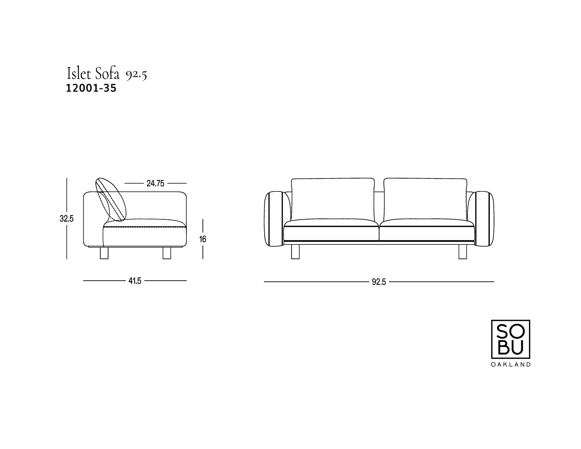 Line drawing of a modern modular sofa shown from the side and front with dimensions. The sofa, labeled Islet Sofa | Leather, features a solid oak platform for stability and style. Durable leather upholstery adds comfort and longevity, while the Wooden Stories logo is displayed in the bottom right corner.