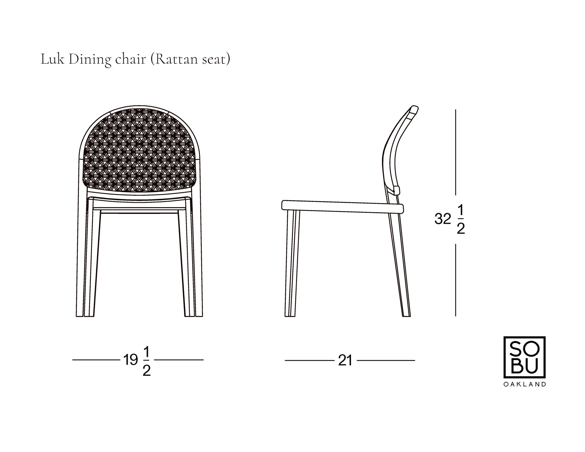 Line drawing of a contract grade Wooden Stories Luk Dining Chair with cane weave rattan seat, shown front and side. Dimensions: 32.5" tall, 19.5" wide, 21" deep. SOBU Oakland logo at bottom right.