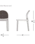 Line drawing of a contract grade Wooden Stories Luk Dining Chair with cane weave rattan seat, shown front and side. Dimensions: 32.5" tall, 19.5" wide, 21" deep. SOBU Oakland logo at bottom right.