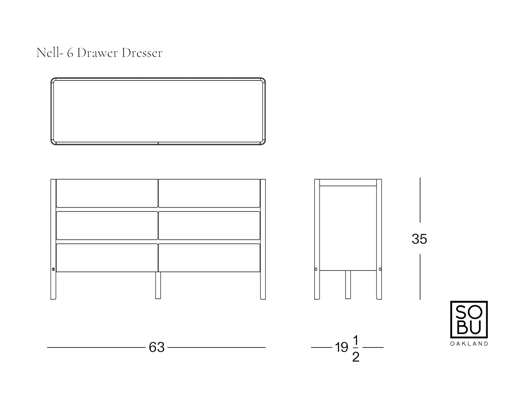 Line drawing of a 6-drawer Nell Tall Dresser by Wooden Stories with front, side, and top views. Dimensions are 63" wide, 19.5" deep, and 35" high. Features premium metal runners for smooth bedroom storage. Wooden Stories logo in bottom right corner.