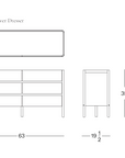 Line drawing of a 6-drawer Nell Tall Dresser by Wooden Stories with front, side, and top views. Dimensions are 63" wide, 19.5" deep, and 35" high. Features premium metal runners for smooth bedroom storage. Wooden Stories logo in bottom right corner.