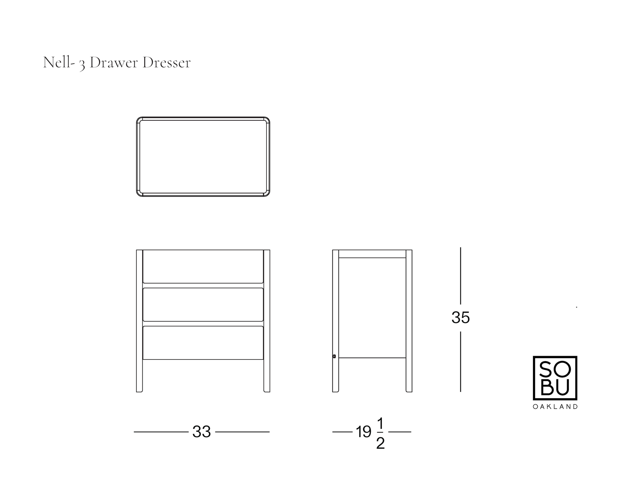Line drawing showing three views of a 3-drawer dresser with dimensions: width 33, depth 19.5, height 35. Labeled “Nell Tall Dresser” by Wooden Stories, this piece offers stylish bedroom storage and features premium metal runners for smooth drawer operation. SOBO Oakland logo at bottom right.