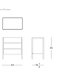 Line drawing showing three views of a 3-drawer dresser with dimensions: width 33, depth 19.5, height 35. Labeled “Nell Tall Dresser” by Wooden Stories, this piece offers stylish bedroom storage and features premium metal runners for smooth drawer operation. SOBO Oakland logo at bottom right.