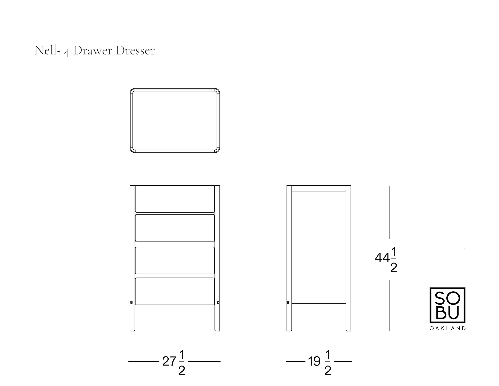 Line drawing of a 4-drawer dresser with front, side, and top views, showing measurements: 27.5” wide, 19.5” deep, 44.5” tall. Designed as part of the Danish Collection by Wooden Stories, this Nell Tall Dresser features premium metal runners for smooth operation and ample bedroom storage. SOBU Oakland is also shown.