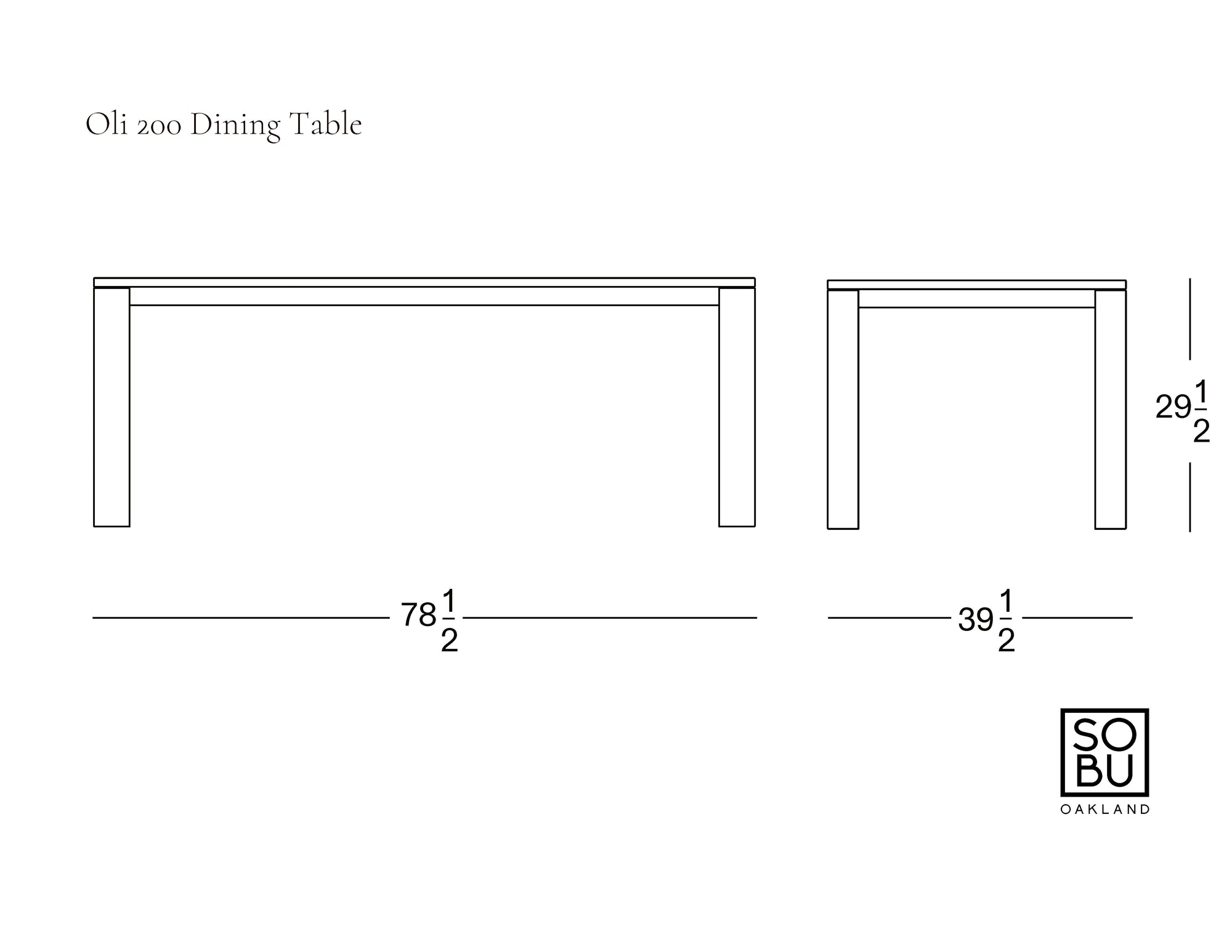Line drawing of the Oli Dining Table by Wooden Stories, crafted in solid American oak and built to contract grade standards. Dimensions: 78.5" L x 39.5" W x 29.5" H. Sobu Oakland logo shown.