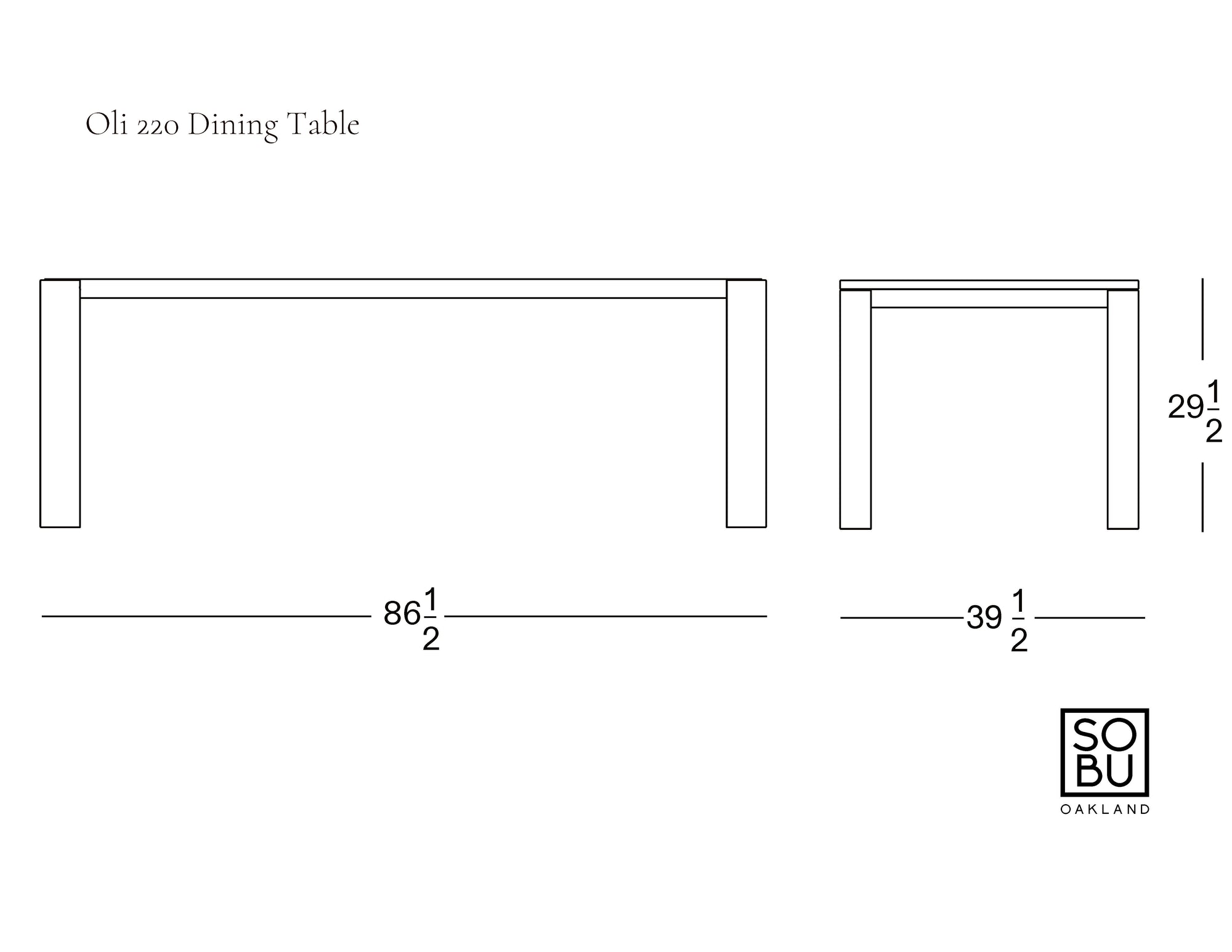 Line drawing of a rectangular solid American oak Oli Dining Table by Wooden Stories, measuring 86.5" L x 39.5" W x 29.5" H, part of the Danish collection, with the SOBO Oakland logo in the bottom right corner.