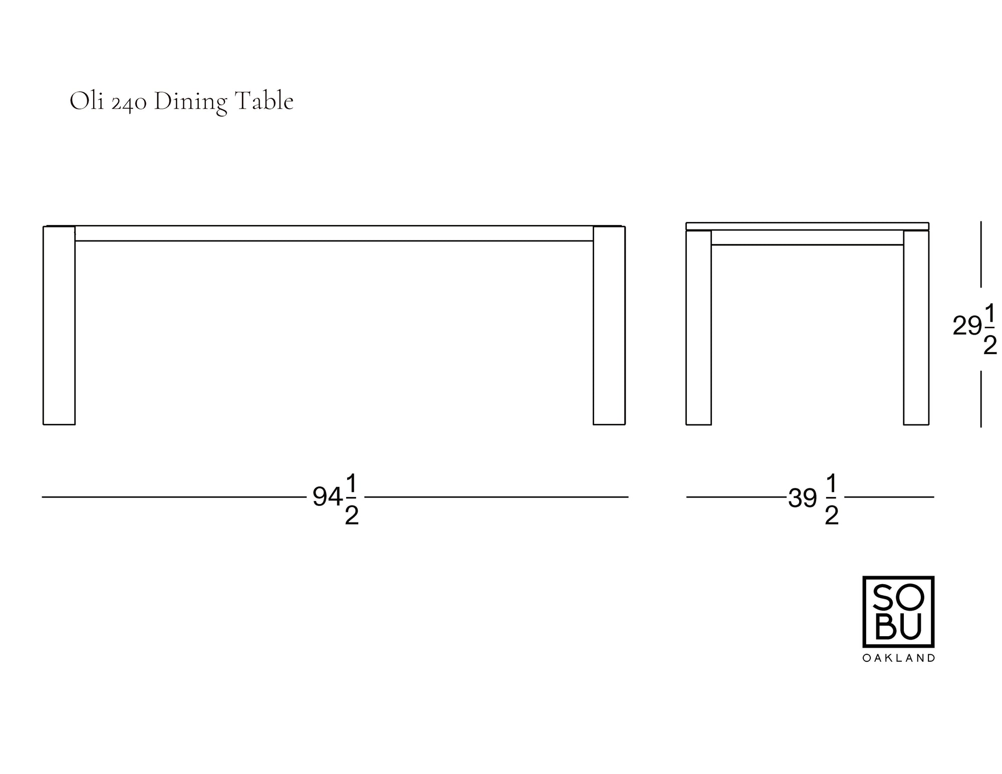 Line drawing of the Oli Dining Table by Wooden Stories, shown in side and front views. Dimensions: 94.5" L x 39.5" W x 29.5" H. SOBU Oakland logo appears in the lower right corner.