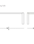 Line drawing of the Oli Dining Table by Wooden Stories, shown in side and front views. Dimensions: 94.5" L x 39.5" W x 29.5" H. SOBU Oakland logo appears in the lower right corner.