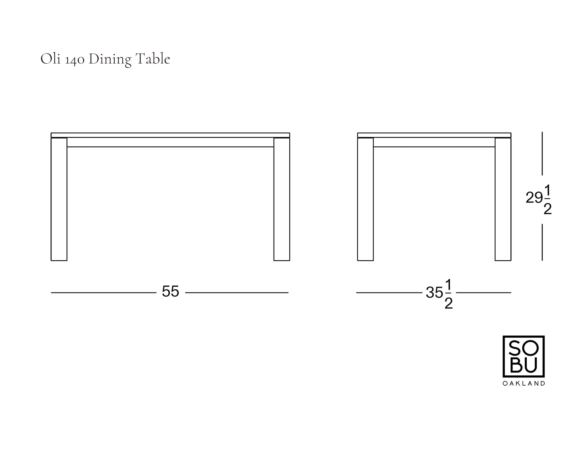 Line drawing of a rectangular dining table from Wooden Stories, measuring 55" L x 35.5" W x 29.5" H. The text reads Oli Dining Table and features the SOBO Oakland logo.