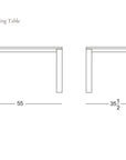 Line drawing of a rectangular dining table from Wooden Stories, measuring 55" L x 35.5" W x 29.5" H. The text reads Oli Dining Table and features the SOBO Oakland logo.
