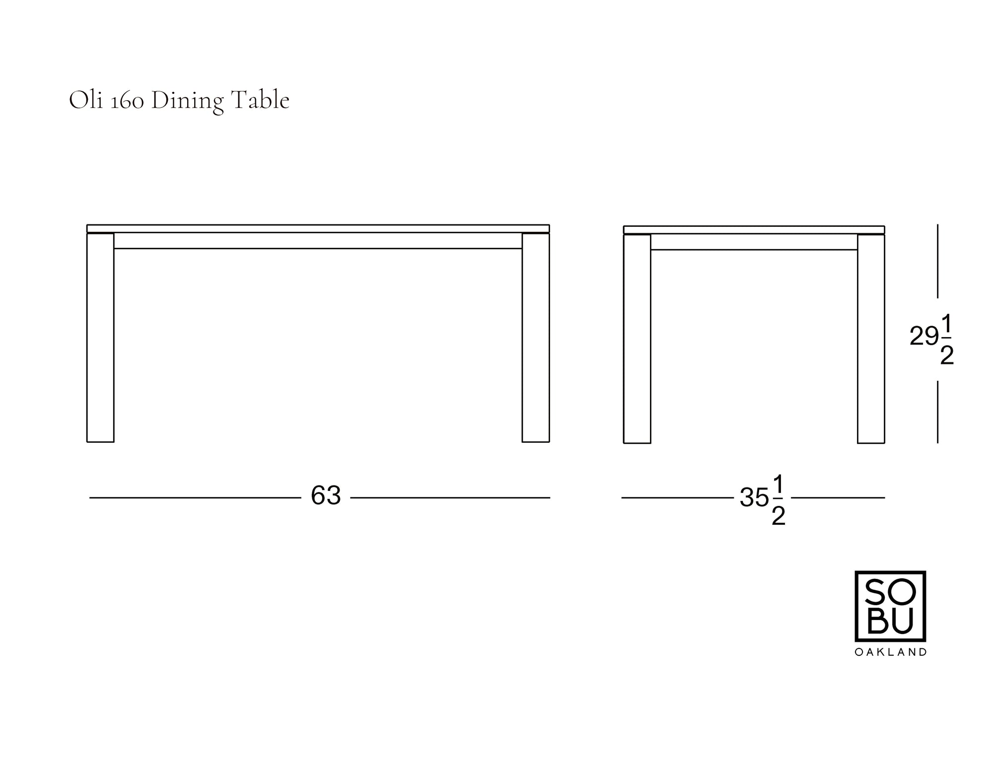Line drawing of the Oli Dining Table by Wooden Stories, shown in front and side views. Made from solid American oak. Dimensions: 63"W x 35.5"D x 29.5"H. SOBU Oakland logo at the bottom right corner.