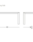 Line drawing of the Oli Dining Table by Wooden Stories, shown in front and side views. Made from solid American oak. Dimensions: 63"W x 35.5"D x 29.5"H. SOBU Oakland logo at the bottom right corner.