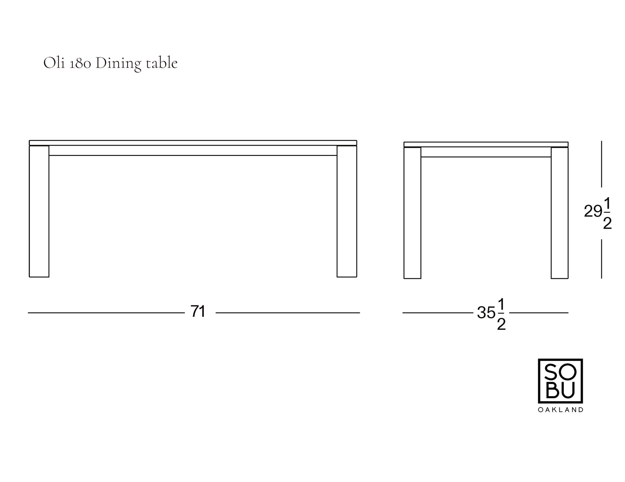 Line drawing of the Oli Dining Table by Wooden Stories, crafted in solid American oak, 71" L x 35.5" W x 29.5" H; Wooden Stories logo shown on the image.