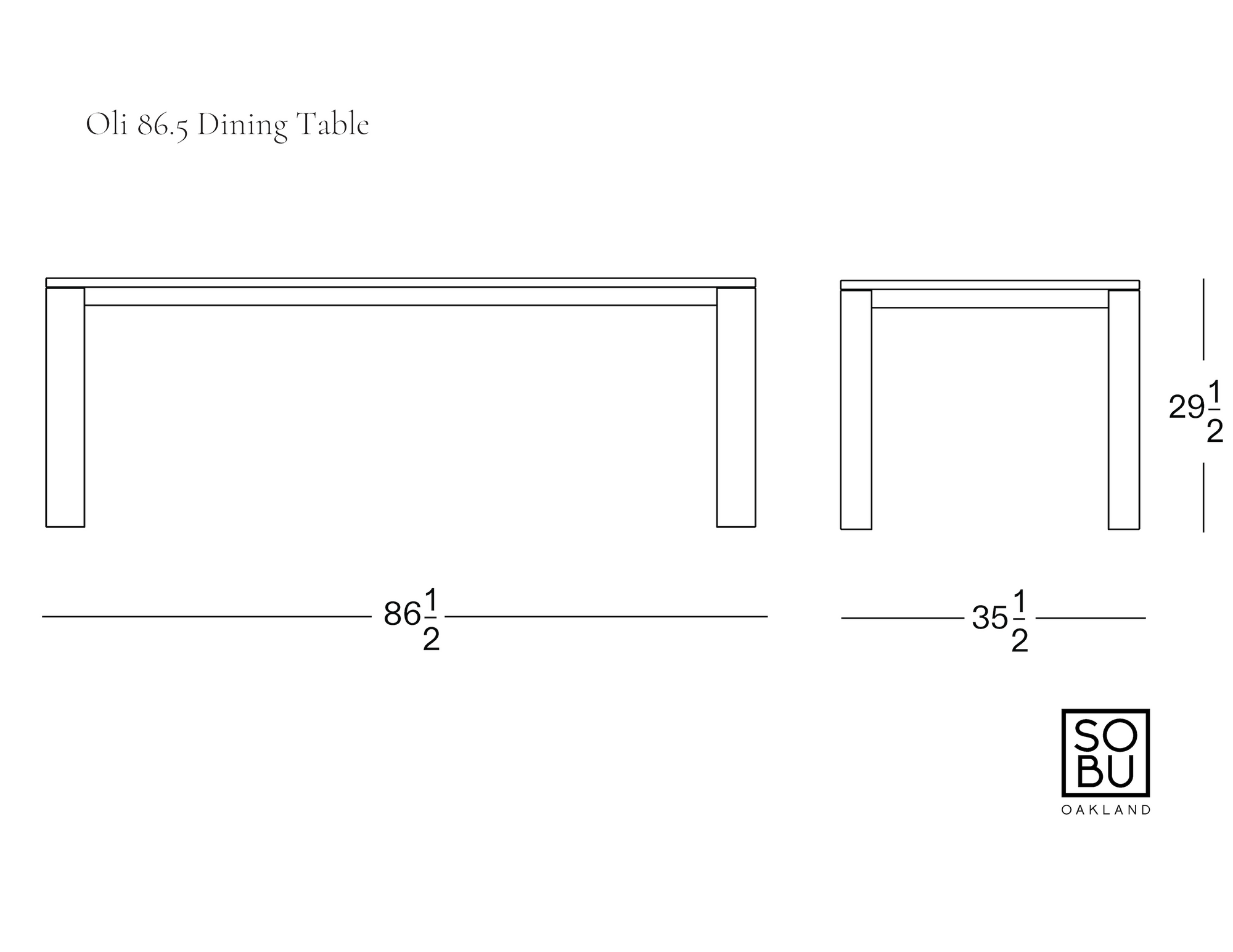 Line drawing of a rectangular solid American oak Oli Dining Table by Wooden Stories with dimensions: 86.5 inches long, 35.5 inches wide, and 29.5 inches tall. Crafted to contract grade standards with a durable polyurethane finish for lasting beauty. Wooden Stories logo in the bottom right corner.