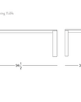 Line drawing of the Oli Dining Table, a rectangular, solid American oak piece by Wooden Stories, measuring 94.5 inches long, 35.5 inches wide, and 29.5 inches high. Finished in a durable polyurethane coat for lasting appeal, this contract-grade table features the Wooden Stories logo in the bottom right corner.