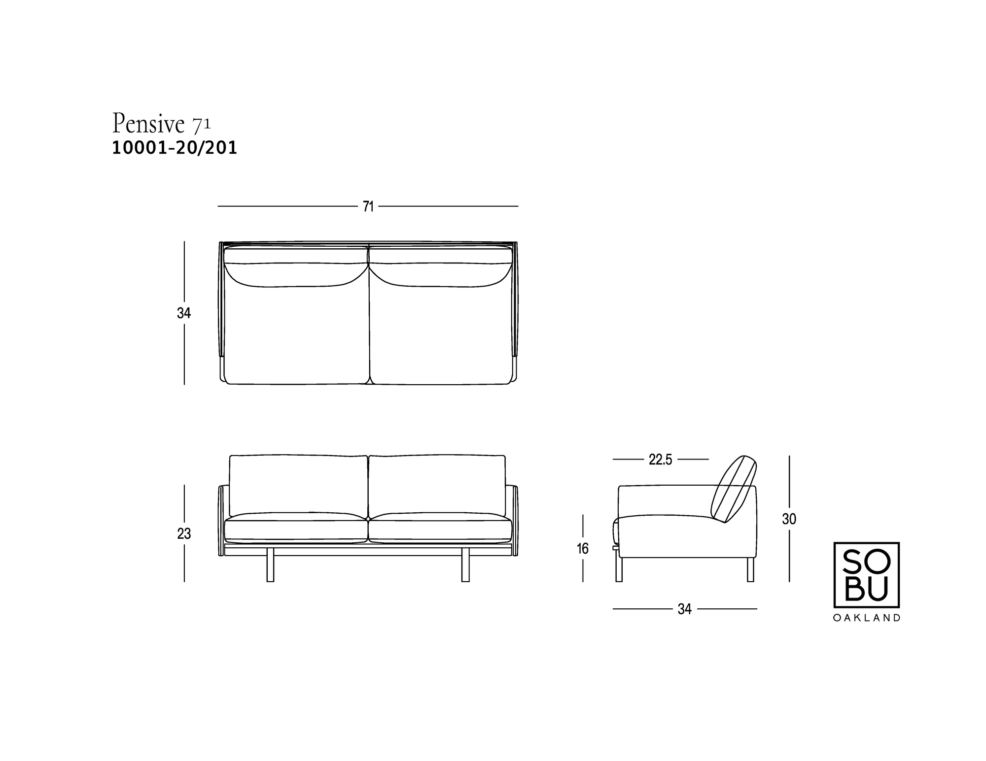 Line drawing of the Pensive Sofa | Fabric by Wooden Stories with dimensions: 71″ wide, 34″ deep, 30″ high. Side view shows seat at 16″ high and backrest angled at 22.5°. Wooden Stories logo in lower right corner.