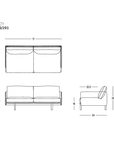 Line drawing of the Pensive Sofa | Fabric by Wooden Stories with dimensions: 71″ wide, 34″ deep, 30″ high. Side view shows seat at 16″ high and backrest angled at 22.5°. Wooden Stories logo in lower right corner.