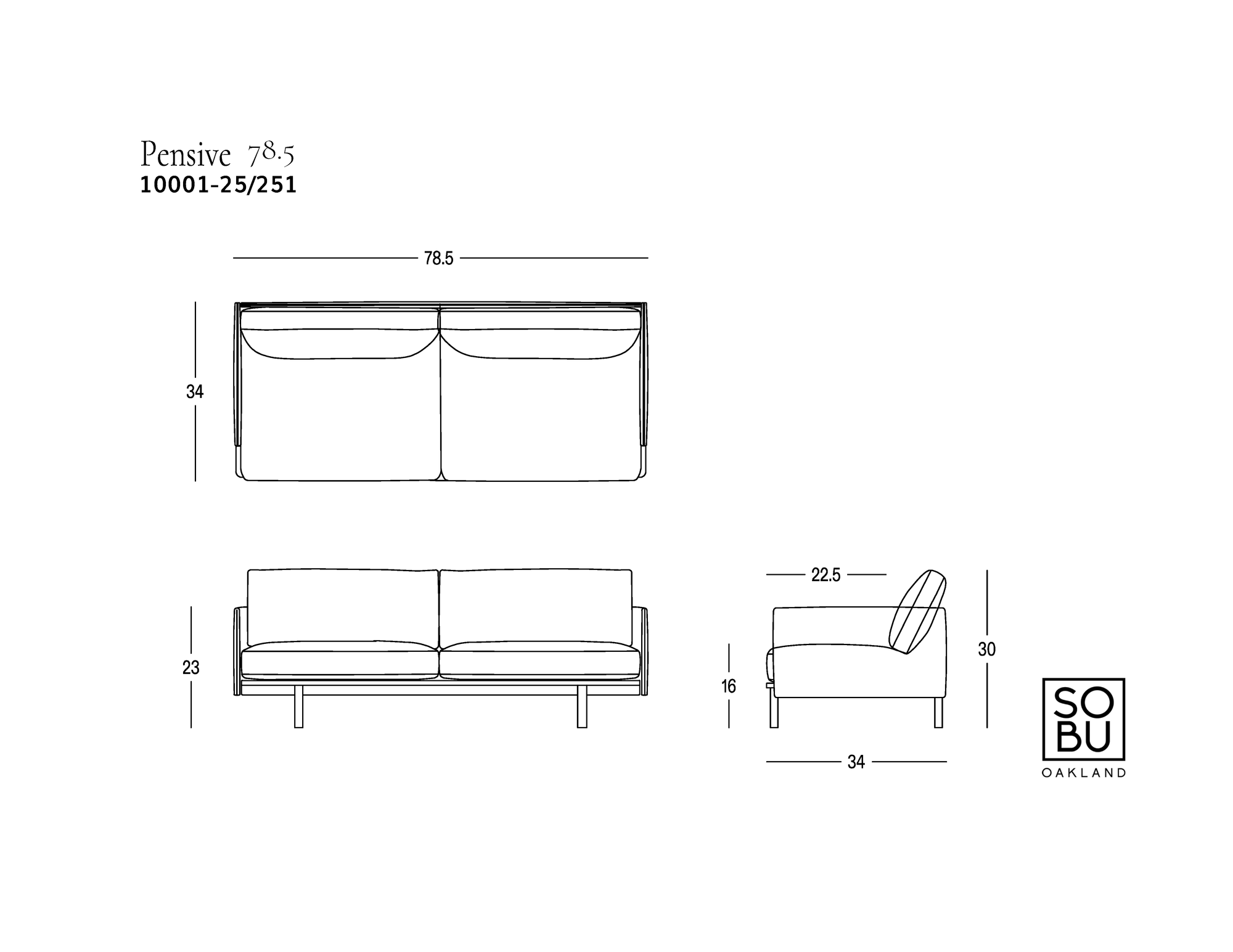 Technical drawing of the Pensive Sofa | Fabric with dimensions labeled: 78.5″ wide, 34″ high, 23″ seat height, 16″ seat depth, and 22.5° backrest angle. Wooden Stories and SOBU Oakland logos are visible, emphasizing the versatile design inspired by classic Danish sofa craftsmanship.