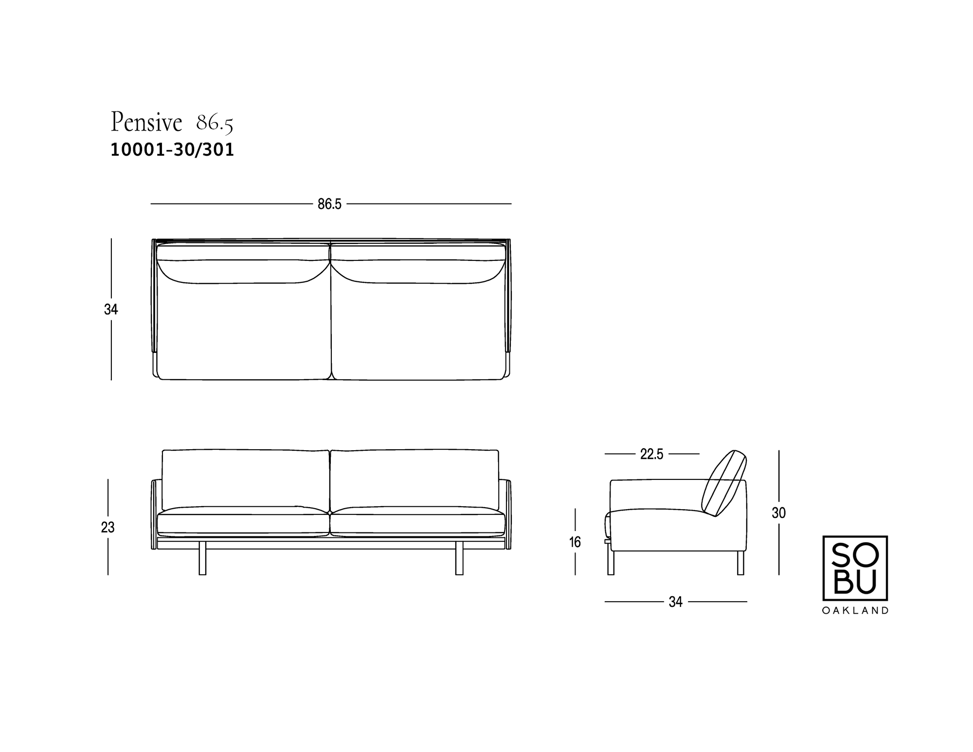 Black and white technical drawing of the modern, customizable Pensive Sofa | Fabric by Wooden Stories, featuring front, side, and top views with detailed measurements and the Wooden Stories logo in the lower right corner.