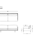Black and white technical drawing of the modern, customizable Pensive Sofa | Fabric by Wooden Stories, featuring front, side, and top views with detailed measurements and the Wooden Stories logo in the lower right corner.