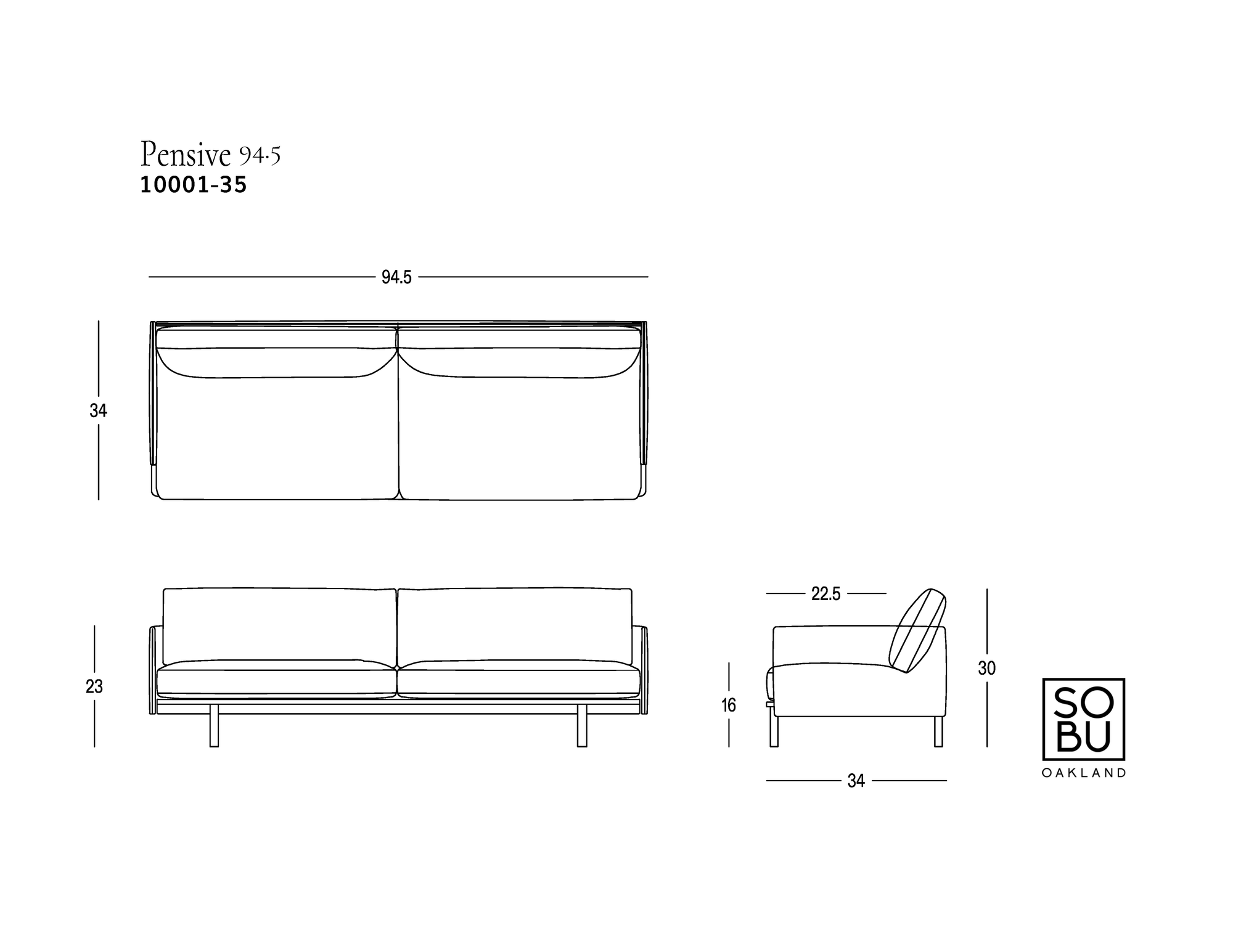 Line drawings of the Pensive Sofa | Fabric by Wooden Stories, showing front, side, and top views, are labeled with measurements in inches: width 94.5, depth 34, height 30, seat depth 22.5, and seat height 16. The text reads “Pensive Sofa | Fabric” and “WOODEN STORIES.” Inspired by mid-century design from the Danish Collection.