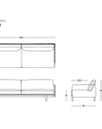 Line drawings of the Pensive Sofa | Fabric by Wooden Stories, showing front, side, and top views, are labeled with measurements in inches: width 94.5, depth 34, height 30, seat depth 22.5, and seat height 16. The text reads “Pensive Sofa | Fabric” and “WOODEN STORIES.” Inspired by mid-century design from the Danish Collection.