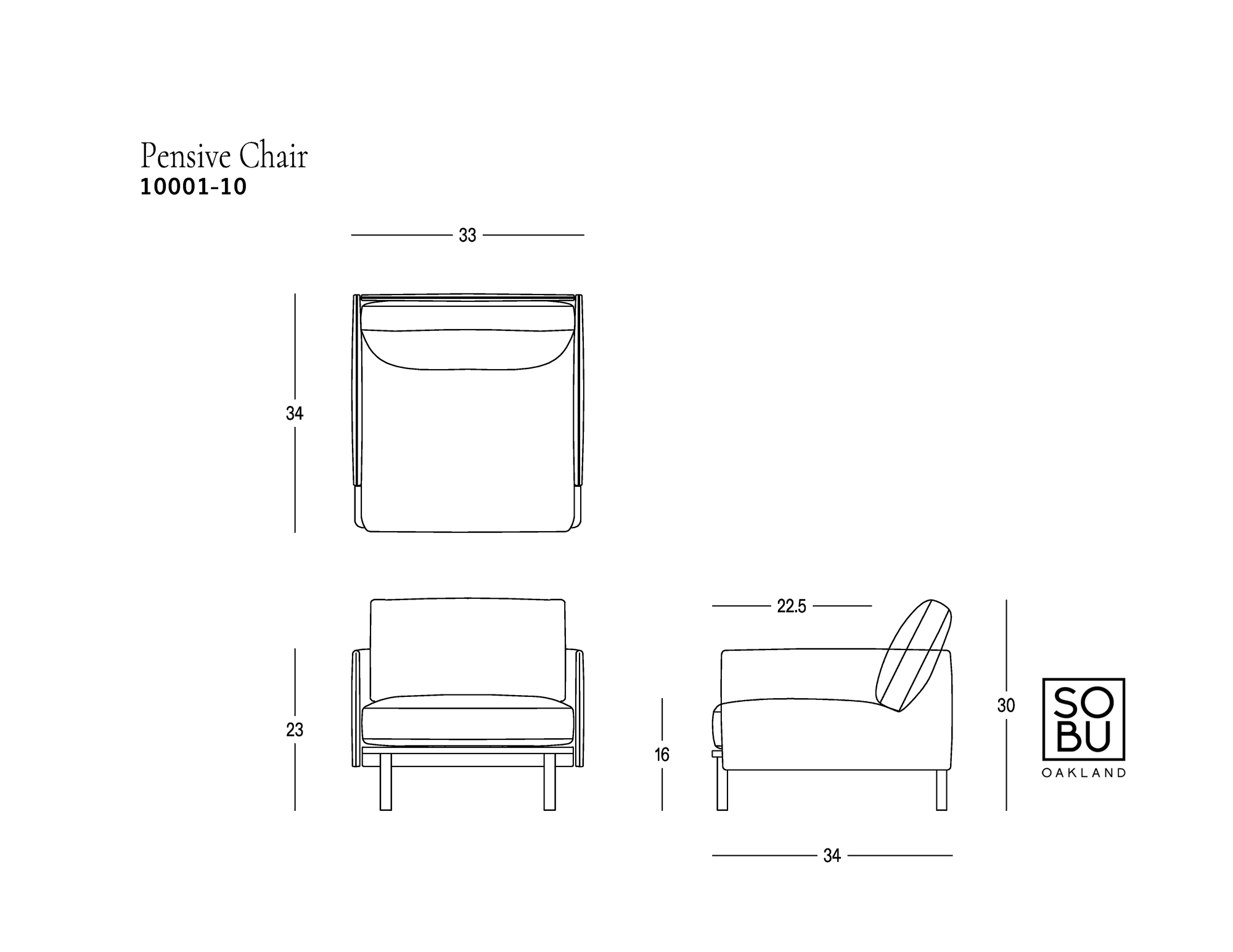 Line drawing of the Pensive Lounge Chair | Leather by Wooden Stories, from the Danish Collection, featuring front, top, and side views with labeled dimensions (width 33″, depth 34″, height 30″), and the SOBO Oakland logo in the bottom right corner. This piece highlights iconic mid-century Danish design.
