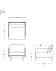 Line drawing of the Pensive Lounge Chair | Leather by Wooden Stories, from the Danish Collection, featuring front, top, and side views with labeled dimensions (width 33″, depth 34″, height 30″), and the SOBO Oakland logo in the bottom right corner. This piece highlights iconic mid-century Danish design.